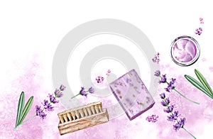 Watercolor banner with body care accessories. Lavender scented soap, cream, brush. Spa and cosmetic products isolated