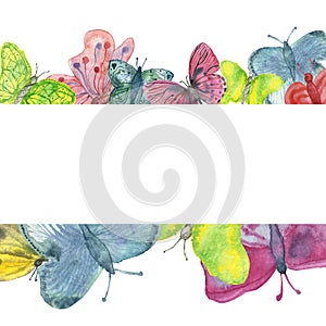 Watercolor banner of bright large colorful butterflies isolated on a white background. Colorful butterfly pattern painted with wat