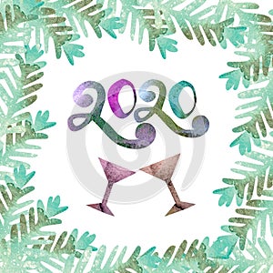 Watercolor banner for New Year 2020 and Christmas. On a white background