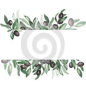 Watercolor banner with olives, fruits and leaves for wedding, cards, invitations