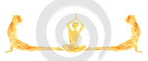 Watercolor banner of silhouettes of people practicing yoga asanas poses Suri Namaskar