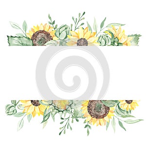 Watercolor banner with sunflowers, buds, leaves, twigs, flowers, foliage