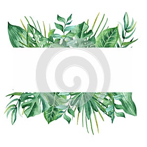 Watercolor banner with tropical leaves and flowers, watercolor stains.