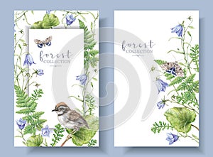 Watercolor banners with forest plants and bird