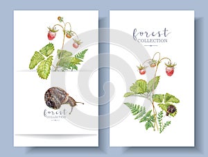 Watercolor banners with forest stawberry and snail