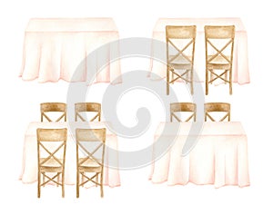 Watercolor banquet tables illustration set. Hand drawn tables with pastel draped cloth and wood chairs isolated on white