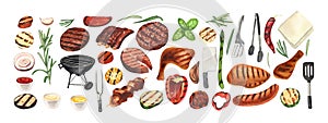 Watercolor barbecue elements set. Collection of equipment for cooking bbq - grill, brazier, sausages, fish, chicken and