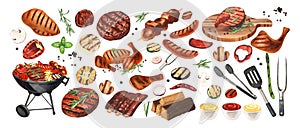 Watercolor barbecue elements set. Collection of equipment for cooking bbq - grill, brazier, sausages, fish, vegetable