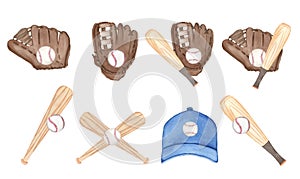 Watercolor baseball compositions, painted on white background, hand drawn