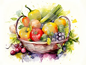 Watercolor Of A Basket Of Vegetables