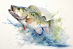 watercolor bass fish jumping on white background