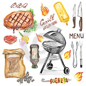 Watercolor bbq grill party set.