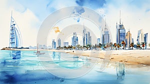 Watercolor Beach Dubai Skyline Artwork: Uhd Image With Transparency And Lightness