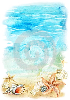 Watercolor beach illustration with sea shells and starfishes