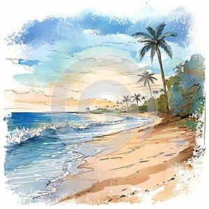 Watercolor Beach Sunset Drawing With Palm Trees And Sea