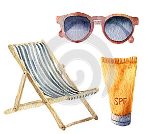 Watercolor beach suntan vacation set. Hand drawn summer objects: sunglasses, beach chair and sunblock or suntan cream