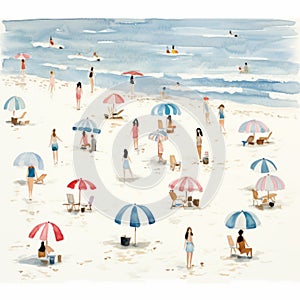 Watercolor Beach Umbrellas And Swimmers Detailed Character Illustrations