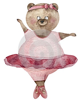 Watercolor bear dancer in ballet pink clothes. Funny bear girl in pink. Bear dancer. Watercolor illustration with cute ballet bear