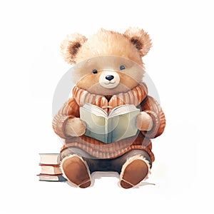 Watercolor bear in a sweater reading book.