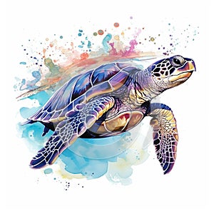 Watercolor beautiful Big sea turtle swimming in tropical ocean