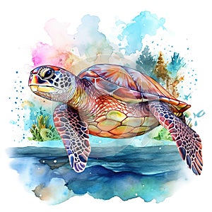 Watercolor beautiful Big sea turtle swimming in tropical ocean