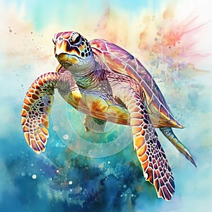 Watercolor beautiful Big sea turtle swimming in tropical ocean