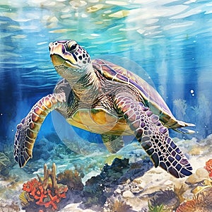 Watercolor beautiful Big sea turtle swimming in tropical ocean