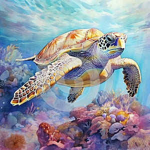 Watercolor beautiful Big sea turtle swimming in tropical ocean