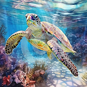 Watercolor beautiful Big sea turtle swimming in tropical ocean