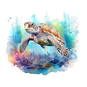 Watercolor beautiful Big sea turtle swimming in tropical ocean