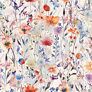 Watercolor beautiful colorful wildflowers pattern