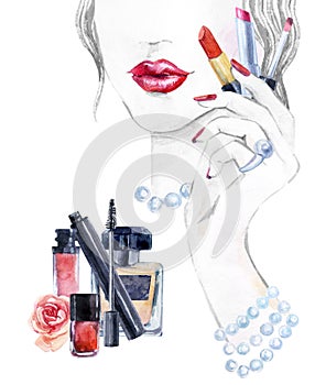 Watercolor beautiful face. woman portrait with lipstick.