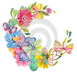 Watercolor beautiful floral design with butterflies