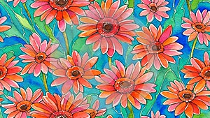 watercolor beautiful Gerbera Daisy flower, creative tile seamless repeating pattern Generative AI