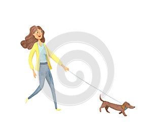 Watercolor beautiful lady with dog. Hand drawn walking woman and Dachshund. Painting fashion isolated illustration