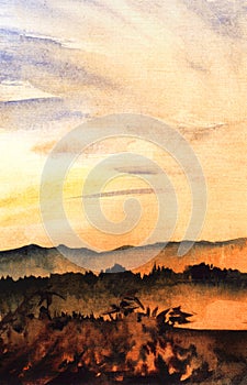 Watercolor beautiful landscape of dark blurry silhouettes of forest and mountain ranges lit by soft orange sunset sun. Hand drawn