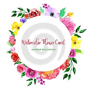 Watercolor beautiful loose style pink, red, violet, yellow ostin rose flower and green leaves frame. Modern color trendy circle