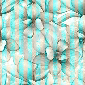 Watercolor beautiful magnolia flowers on stripes teal blue seamless pattern background