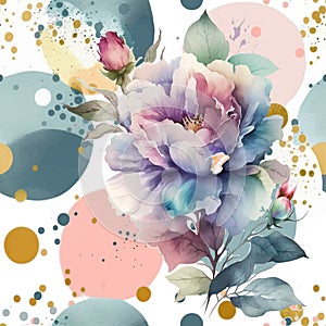 Watercolor beautiful peonies flowers seamless pattern. Dirty spotty watercolor background with circles. Hand drawn paint peony