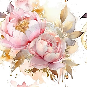Watercolor beautiful pink peony flowers seamless pattern. Dirty spotty watercolor vector background. Hand drawn paint peonies