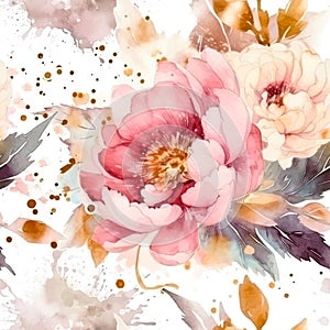 Watercolor beautiful pink peony flowers seamless pattern. Dirty spotty watercolor vector background. Hand drawn paint peonies