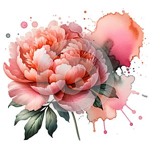 Watercolor beautiful pink red peony flower pattern with spots. Dirty spotty watercolor vector background. Hand drawn paint peonies