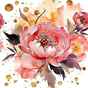 Watercolor beautiful red peony flowers seamless pattern. Dirty spotty watercolor vector background. Hand drawn paint peonies