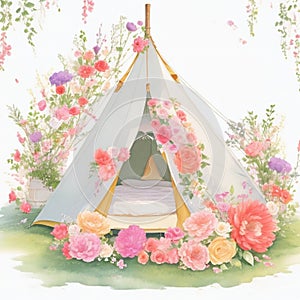 Watercolor Beautiful romantic tent with flower garden, flower pot