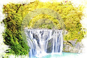 Watercolor Beautiful Shifen waterfall nature scenery located in Pingxi District Taiwan