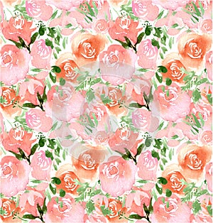 Watercolor beautiful tiny seamless pink, peach roses flower pattern. Endless print for textile, clothes, fashion, linens, dress,