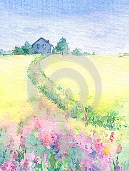 Watercolor beautiful village landscape with path to the house.