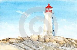 Watercolor beautiful white lighthouse in Peggy`s Cove