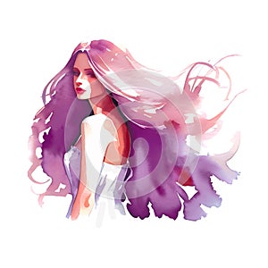 watercolor beautiful woman long hair3