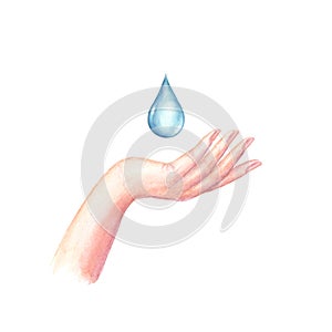 Watercolor beautiful woman`s hand with water drop isolated on white background